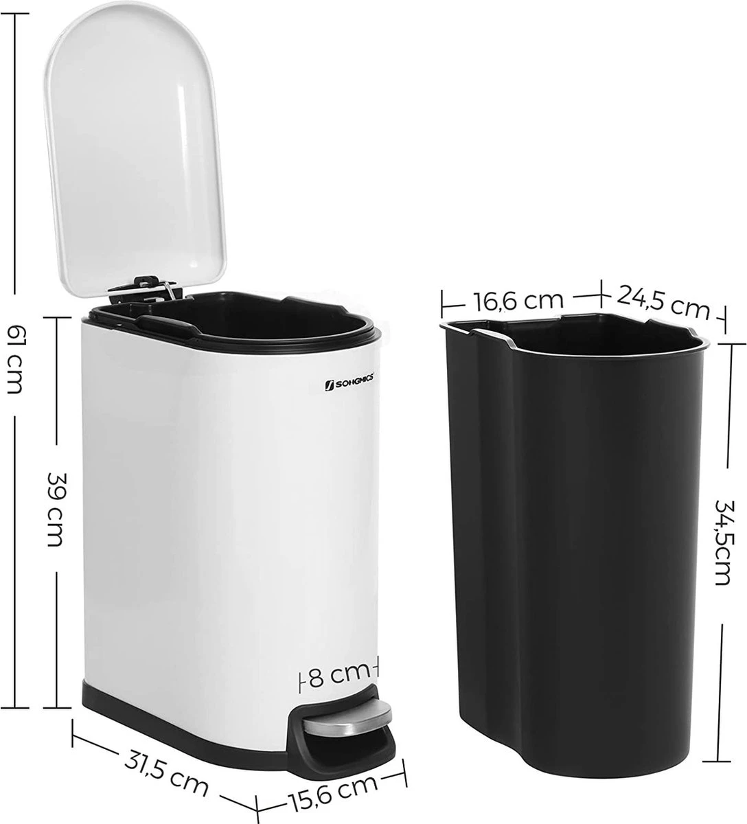 Songmics Poubelle, Seau Cosmétique En Acier, 10 Litres, Poubelle à Pédale étroite Avec Poubelle Intérieure, Pour Salle De Bain, Fermeture Amortie, Poubelle Pour Niche, Blanc LTB10WT 5 Songmics Poubelle, Seau Cosmétique En Acier, 10 Litres, Poubelle à Pédale étroite Avec Poubelle Intérieure, Pour Salle De Bain, Fermeture Amortie, Poubelle Pour Niche, Blanc LTB10WT – Image 5