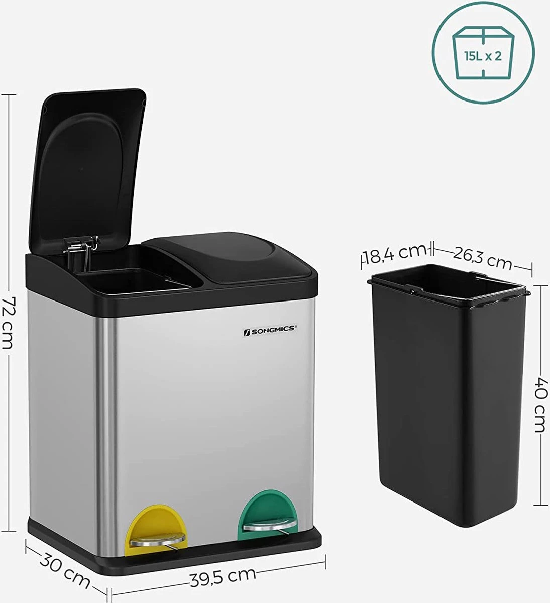 ZAZA Home & Office Poubelle 30 Litres, Tri Des Déchets, 2 X 15 Litres, Poubelle, Poubelle à Pédale Avec Poubelles Intérieures, Pédales Colorées, Système De Séparation Des Déchets Pour La Cuisine, Argent-noir 4 ZAZA Home & Office Poubelle 30 Litres, Tri Des Déchets, 2 X 15 Litres, Poubelle, Poubelle à Pédale Avec Poubelles Intérieures, Pédales Colorées, Système De Séparation Des Déchets Pour La Cuisine, Argent-noir – Image 4