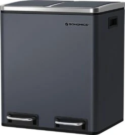 Songmics Poubelle De Cuisine, 2 X 15 L, Système De Tri Des Déchets, Poubelle En Métal, Poubelle à Pédale Avec Bacs Intérieurs Et Poignées, Tri Des Déchets, Fermeture Soft , Hermétique, Anthracite LTB30GS