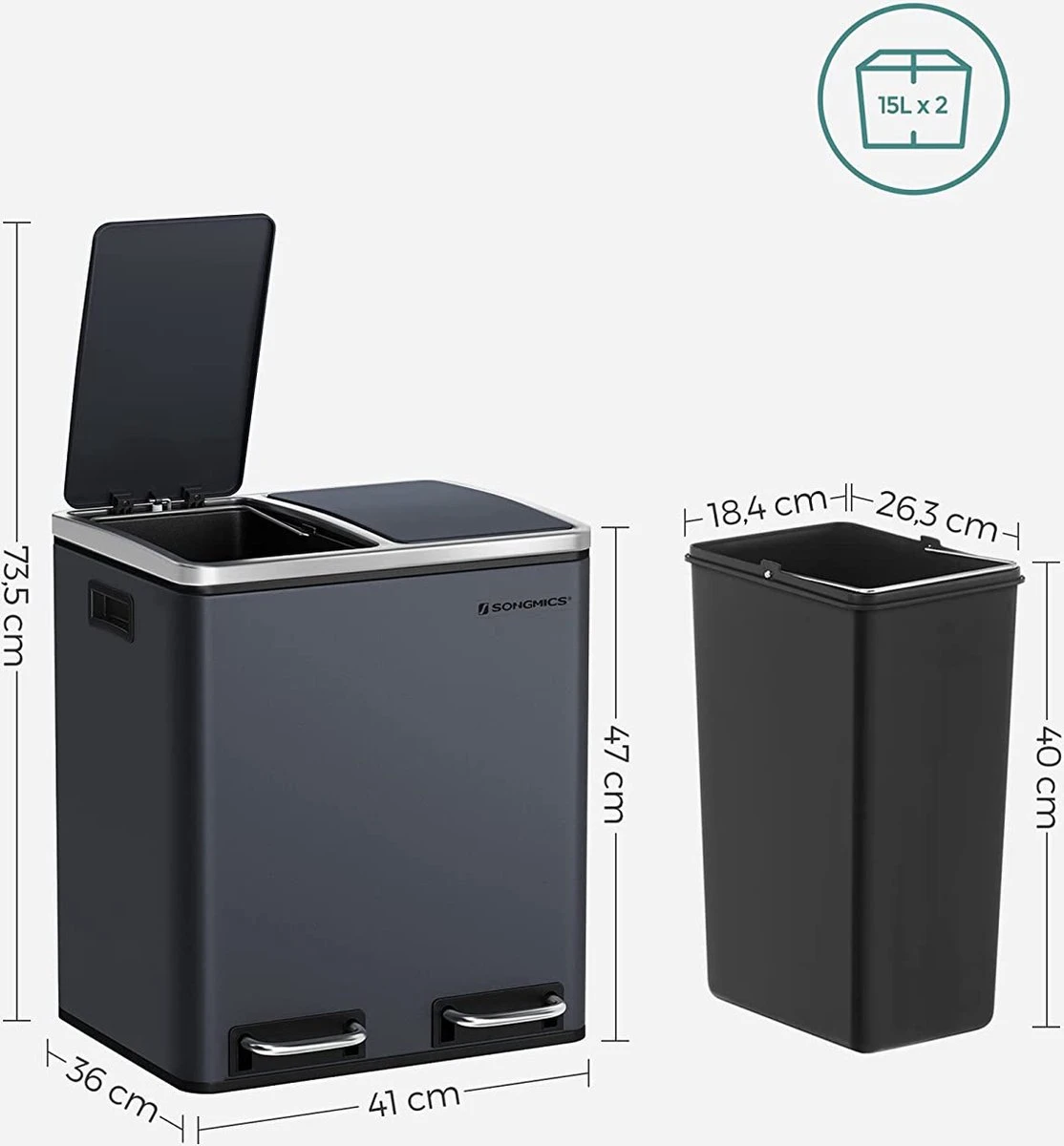 Songmics Poubelle De Cuisine, 2 X 15 L, Système De Tri Des Déchets, Poubelle En Métal, Poubelle à Pédale Avec Bacs Intérieurs Et Poignées, Tri Des Déchets, Fermeture Soft , Hermétique, Anthracite LTB30GS 4 Songmics Poubelle De Cuisine, 2 X 15 L, Système De Tri Des Déchets, Poubelle En Métal, Poubelle à Pédale Avec Bacs Intérieurs Et Poignées, Tri Des Déchets, Fermeture Soft , Hermétique, Anthracite LTB30GS – Image 4