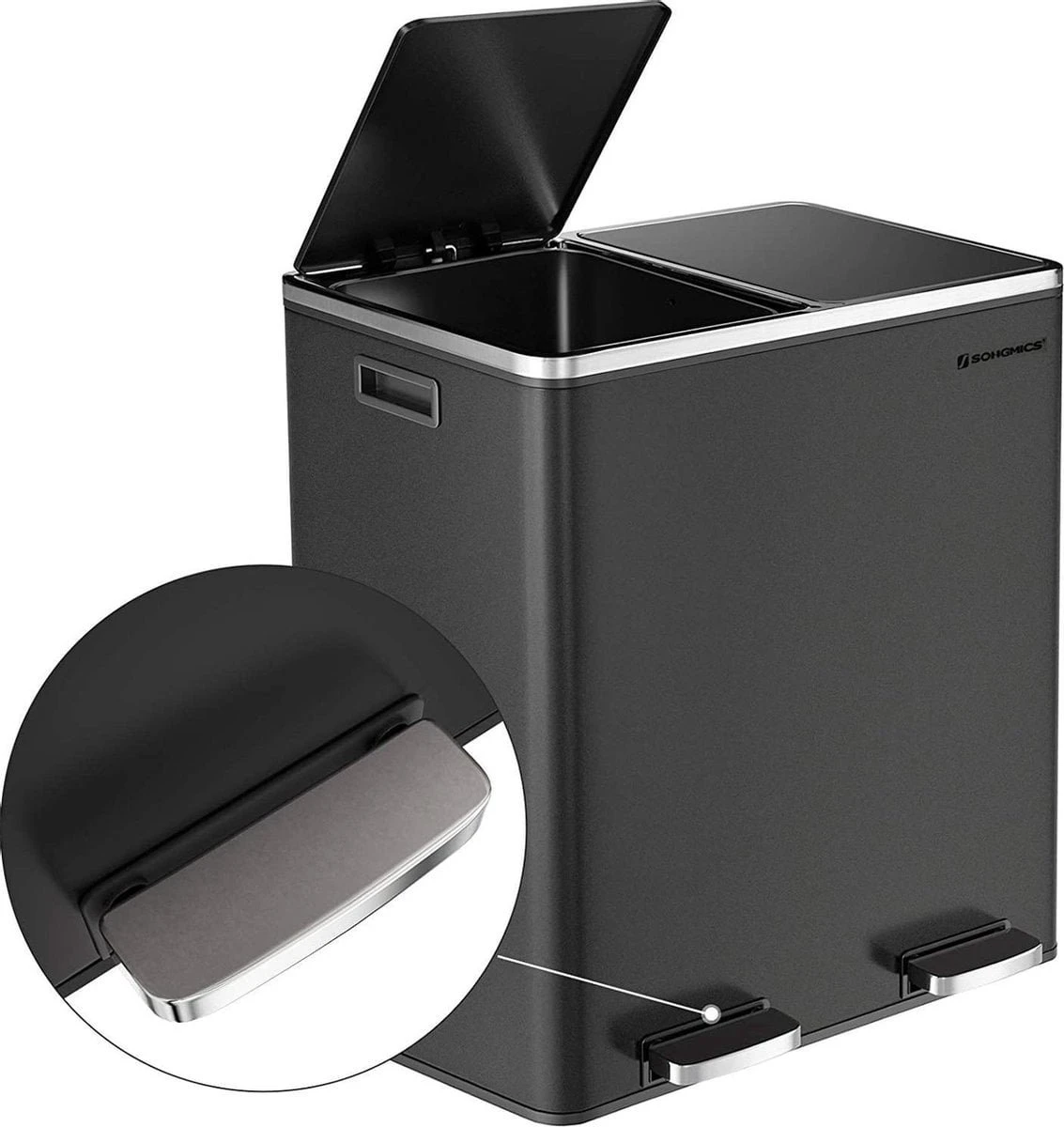 SONGMICS Poubelle Avec 2 Compartiments, 2 X 30 L, Poubelle, Poubelle à Pédale En Métal, Poubelle Intérieure En Plastique, Fermeture Amortie, Hermétique, Noir 2 SONGMICS Poubelle Avec 2 Compartiments, 2 X 30 L, Poubelle, Poubelle à Pédale En Métal, Poubelle Intérieure En Plastique, Fermeture Amortie, Hermétique, Noir – Image 2