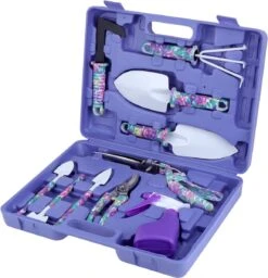 Coolty Ensemble D'outils De Jardin, 10 Outils De Jardin Avec Imprimé Fleur Lilas, Poignée Ergonomique, Pelle, Bêche, Râteau, Gland, Ciseaux De Jardin, Pulvérisateur Avec Sac De Transport