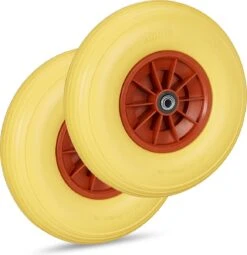Relaxdays 2x Roue De Brouette 4.00-6 - Caoutchouc Intégral - Roue De Secours Anti-crevaison - Adaptateurs - Jaune-rouge