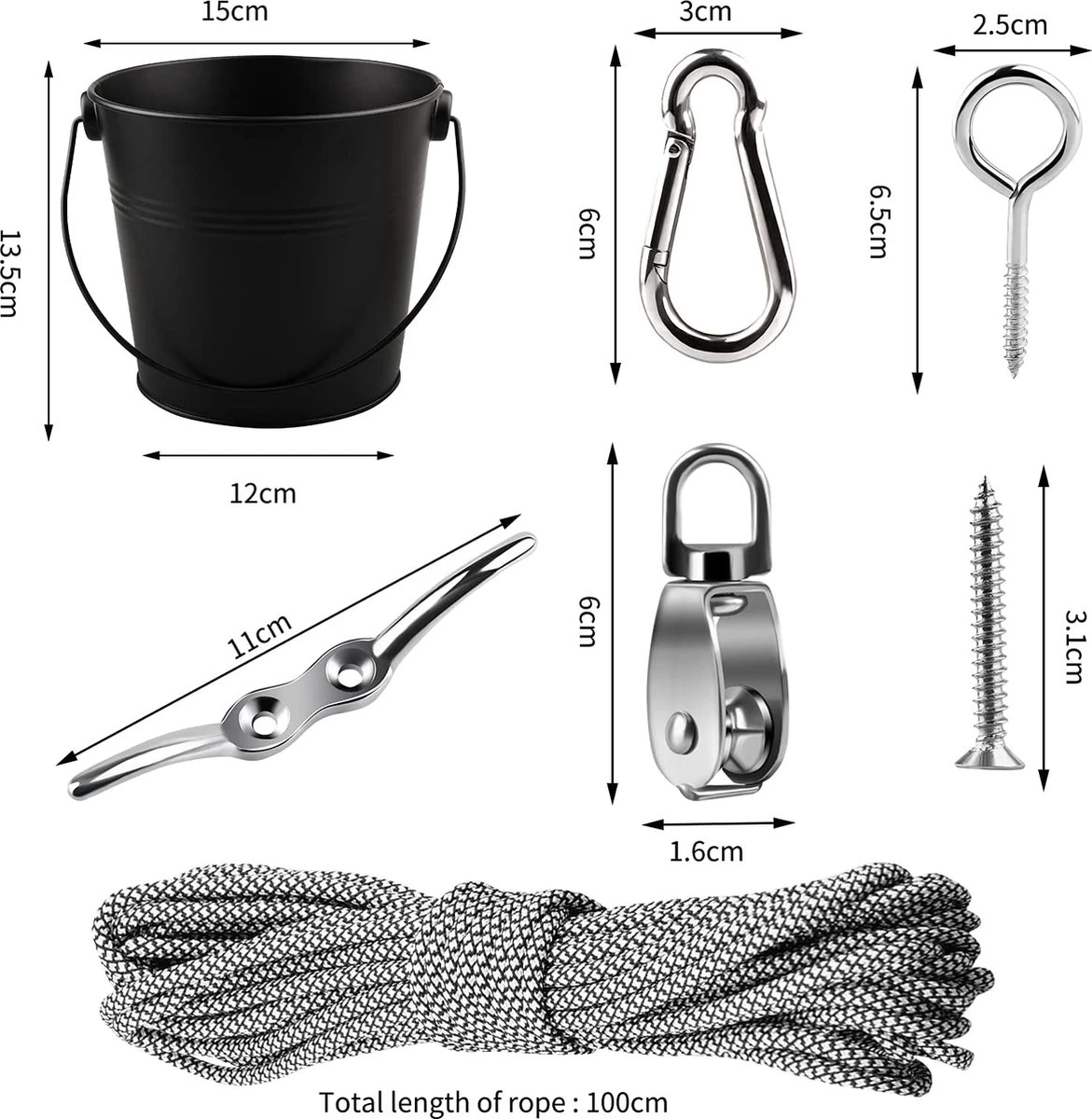 Set D'outils De Jardinage, Poulie Avec Corde De Seau, Pour Les Enfants Et Les Enfants Est L'accessoire Parfait Pour La Cabane Dans Les Arbres, La Maison De Jeu Et Le Cadre D'escalade. (couleur Noir) 5 Set D'outils De Jardinage, Poulie Avec Corde De Seau, Pour Les Enfants Et Les Enfants Est L'accessoire Parfait Pour La Cabane Dans Les Arbres, La Maison De Jeu Et Le Cadre D'escalade. (couleur Noir) – Image 5