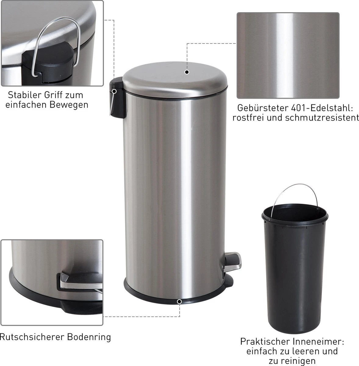 HOMCOM Poubelle à Pédale Poubelle Avec Poubelle à Pédale Poubelle Avec Couvercle Rabattable 30 L 851-013 2 HOMCOM Poubelle à Pédale Poubelle Avec Poubelle à Pédale Poubelle Avec Couvercle Rabattable 30 L 851-013 – Image 2