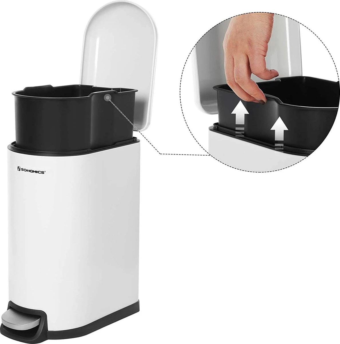 Songmics Poubelle, Seau Cosmétique En Acier, 10 Litres, Poubelle à Pédale étroite Avec Poubelle Intérieure, Pour Salle De Bain, Fermeture Amortie, Poubelle Pour Niche, Blanc LTB10WT 6 Songmics Poubelle, Seau Cosmétique En Acier, 10 Litres, Poubelle à Pédale étroite Avec Poubelle Intérieure, Pour Salle De Bain, Fermeture Amortie, Poubelle Pour Niche, Blanc LTB10WT – Image 6