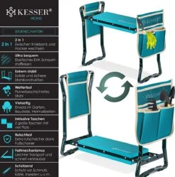 KESSER® 2 En 1 XXL Banc De Jardin Banc Agenouillé Coussin D'assise Rembourré Coussin En Mousse EVA Tabouret De Jardin Pliable Avec 2 X Sac à Outils Banc De Jardin 60 X 50 X 27 Cm Jusqu'à 150 Kg Bleu