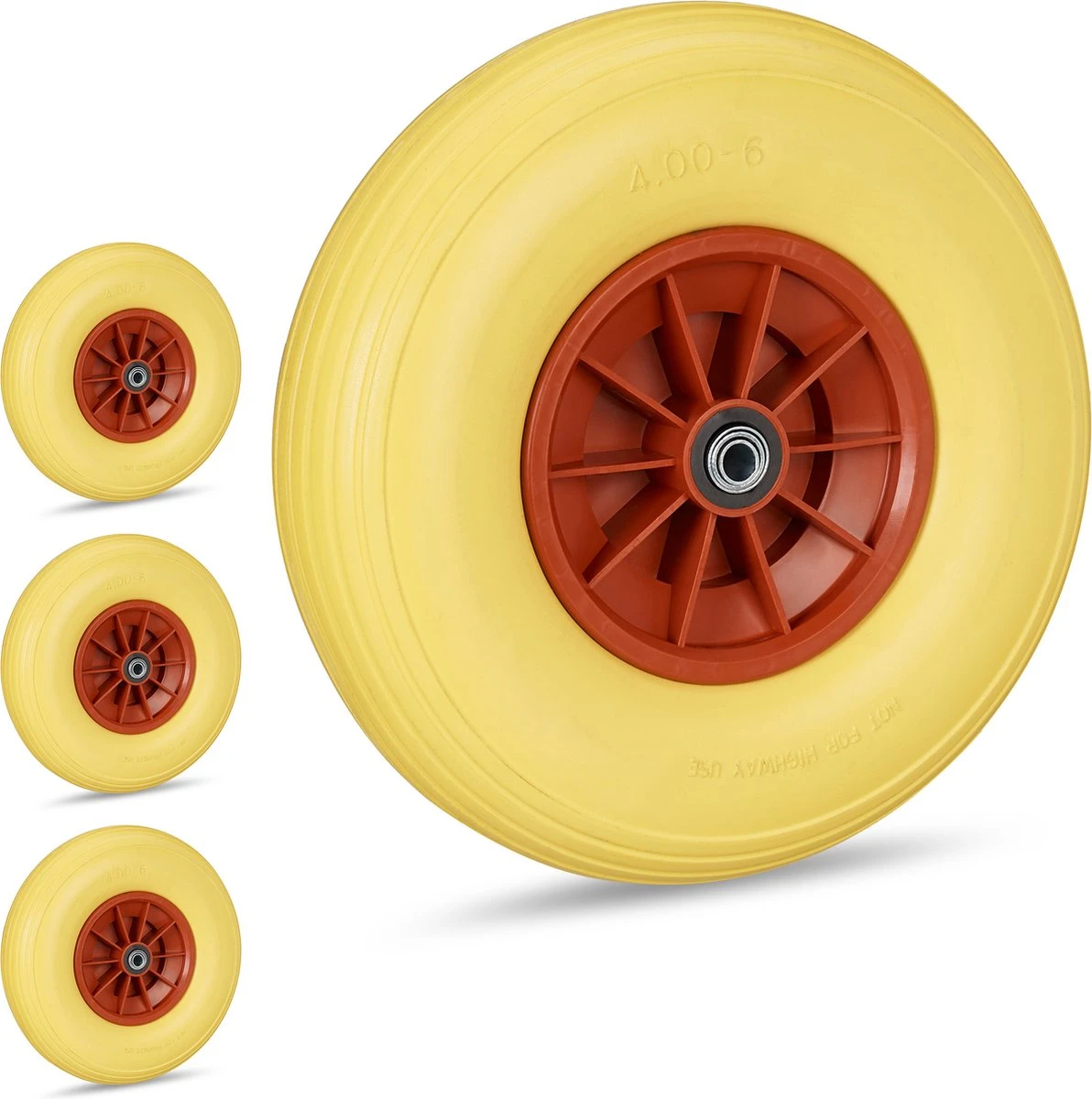 Relaxdays 4x Roue De Brouette 4.00-6 - Caoutchouc Plein - Roue De Secours Anti-crevaison - Adaptateurs - Jaune-rouge 1 Relaxdays 4x Roue De Brouette 4.00-6 - Caoutchouc Plein - Roue De Secours Anti-crevaison - Adaptateurs - Jaune-rouge