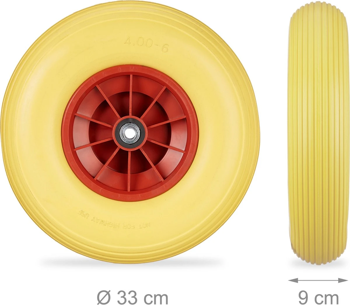 Relaxdays 4x Roue De Brouette 4.00-6 - Caoutchouc Plein - Roue De Secours Anti-crevaison - Adaptateurs - Jaune-rouge 2 Relaxdays 4x Roue De Brouette 4.00-6 - Caoutchouc Plein - Roue De Secours Anti-crevaison - Adaptateurs - Jaune-rouge – Image 2