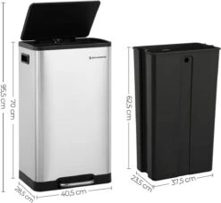 Songmics Poubelle, Poubelle De 45 Litres Avec Pédale, Récipient Extérieur En Acier Inoxydable, Avec Poubelle Intérieure Et Couvercle En Plastique, Fermeture Amortie, Anti-empreintes Digitales, Pour La Cuisine, Argent LTB007E01 -Vendite Pelouse Pro 1200x1102