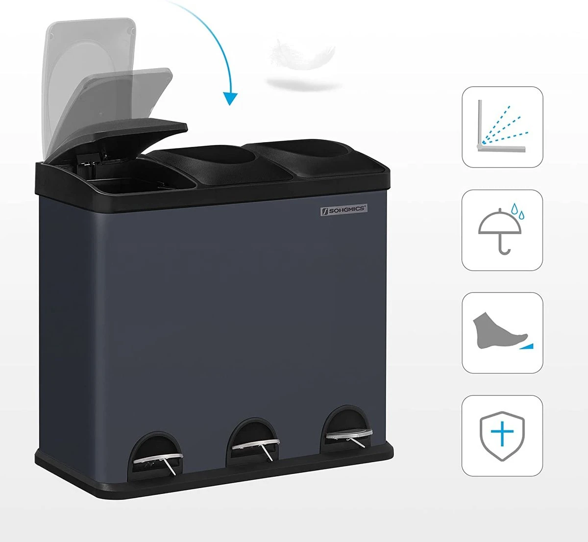 Songmics Poubelle Pour La Cuisine, 54 Litres, Poubelle, Poubelle à Pédale Avec 3 Compartiments, Bacs Intérieurs Et 6 Autocollants Pour Le Tri Des Déchets, Système De Tri Des Déchets, Gris-noir LTB54G 2 Songmics Poubelle Pour La Cuisine, 54 Litres, Poubelle, Poubelle à Pédale Avec 3 Compartiments, Bacs Intérieurs Et 6 Autocollants Pour Le Tri Des Déchets, Système De Tri Des Déchets, Gris-noir LTB54G – Image 2