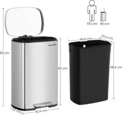 Songmics Poubelle, Poubelle, 50 Litres, Poubelle à Pédale En Acier, Poubelle Intérieure En Plastique, Avec Couvercle à Charnière, Fermeture Amortie, Hermétique, Pour La Cuisine, Argent LTB050E01 -Vendite Pelouse Pro 1200x1134 1