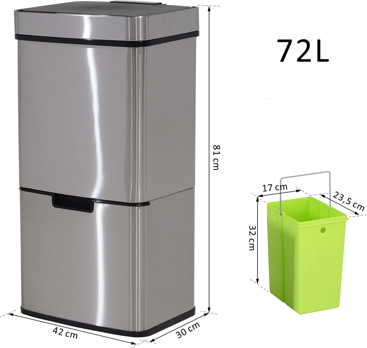 HOMCOM Poubelle Système De Séparation Des Déchets Poubelle Avec Capteur 72 L 3 Compartiments Acier Inoxydable Argent 851-018 2 HOMCOM Poubelle Système De Séparation Des Déchets Poubelle Avec Capteur 72 L 3 Compartiments Acier Inoxydable Argent 851-018 – Image 2