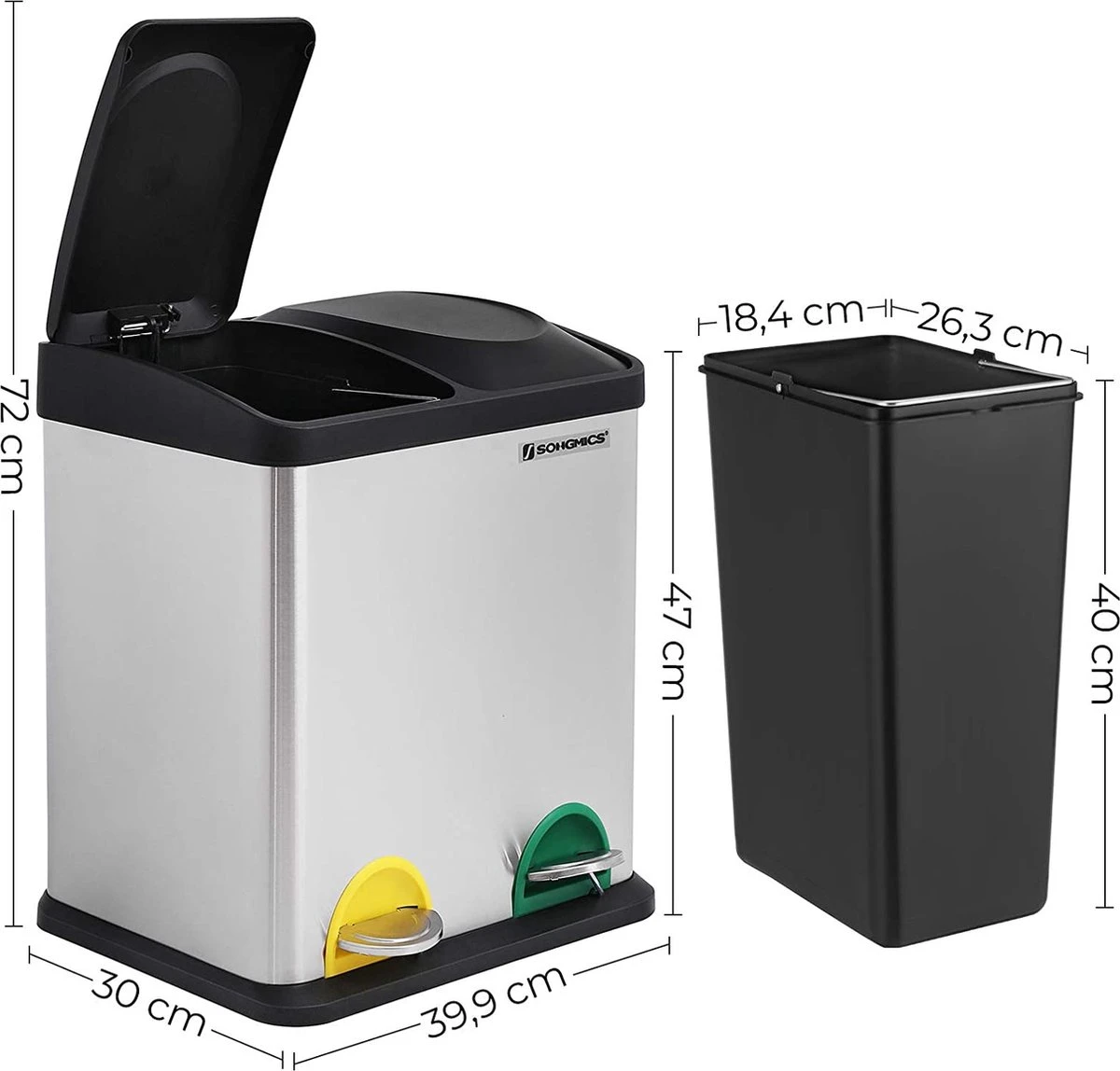 ZAZA Home & Office Poubelle 30 Litres, Tri Des Déchets, 2 X 15 Litres, Poubelle, Poubelle à Pédale Avec Poubelles Intérieures, Pédales Colorées, Système De Séparation Des Déchets Pour La Cuisine, Argent-noir 9 ZAZA Home & Office Poubelle 30 Litres, Tri Des Déchets, 2 X 15 Litres, Poubelle, Poubelle à Pédale Avec Poubelles Intérieures, Pédales Colorées, Système De Séparation Des Déchets Pour La Cuisine, Argent-noir – Image 9