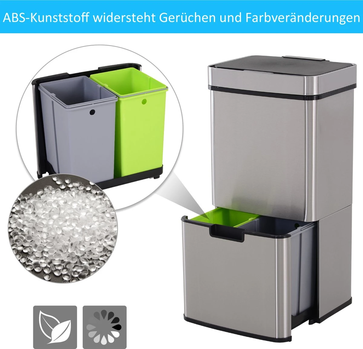 HOMCOM Poubelle Système De Séparation Des Déchets Poubelle Avec Capteur 72 L 3 Compartiments Acier Inoxydable Argent 851-018 9 HOMCOM Poubelle Système De Séparation Des Déchets Poubelle Avec Capteur 72 L 3 Compartiments Acier Inoxydable Argent 851-018 – Image 9