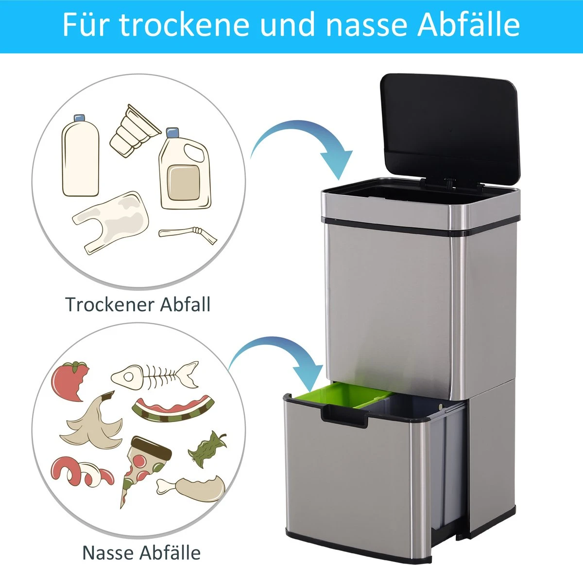 HOMCOM Poubelle Système De Séparation Des Déchets Poubelle Avec Capteur 72 L 3 Compartiments Acier Inoxydable Argent 851-018 10 HOMCOM Poubelle Système De Séparation Des Déchets Poubelle Avec Capteur 72 L 3 Compartiments Acier Inoxydable Argent 851-018 – Image 10