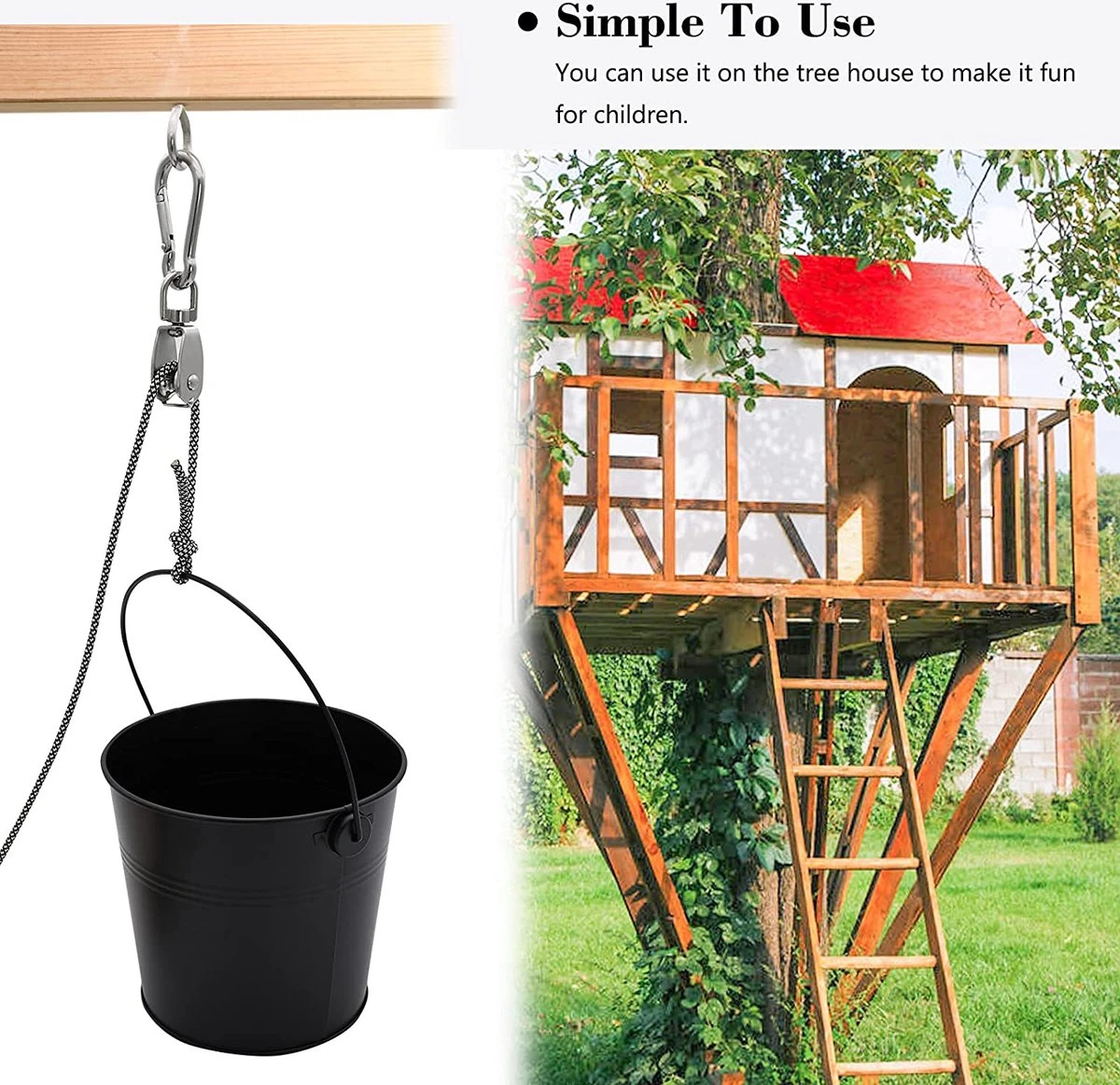 Set D'outils De Jardinage, Poulie Avec Corde De Seau, Pour Les Enfants Et Les Enfants Est L'accessoire Parfait Pour La Cabane Dans Les Arbres, La Maison De Jeu Et Le Cadre D'escalade. (couleur Noir) 2 Set D'outils De Jardinage, Poulie Avec Corde De Seau, Pour Les Enfants Et Les Enfants Est L'accessoire Parfait Pour La Cabane Dans Les Arbres, La Maison De Jeu Et Le Cadre D'escalade. (couleur Noir) – Image 2