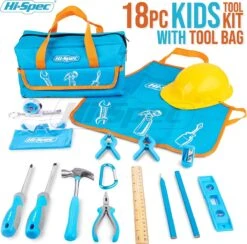 Ensemble D'outils 18 Pièces Pour Enfants Avec De Klein Outillage à Main, Des Lunettes De Sécurité Et Un Casque De Travail. Tout Dans Un Sac De Rangement Pratique -Vendite Pelouse Pro 1200x1183 1