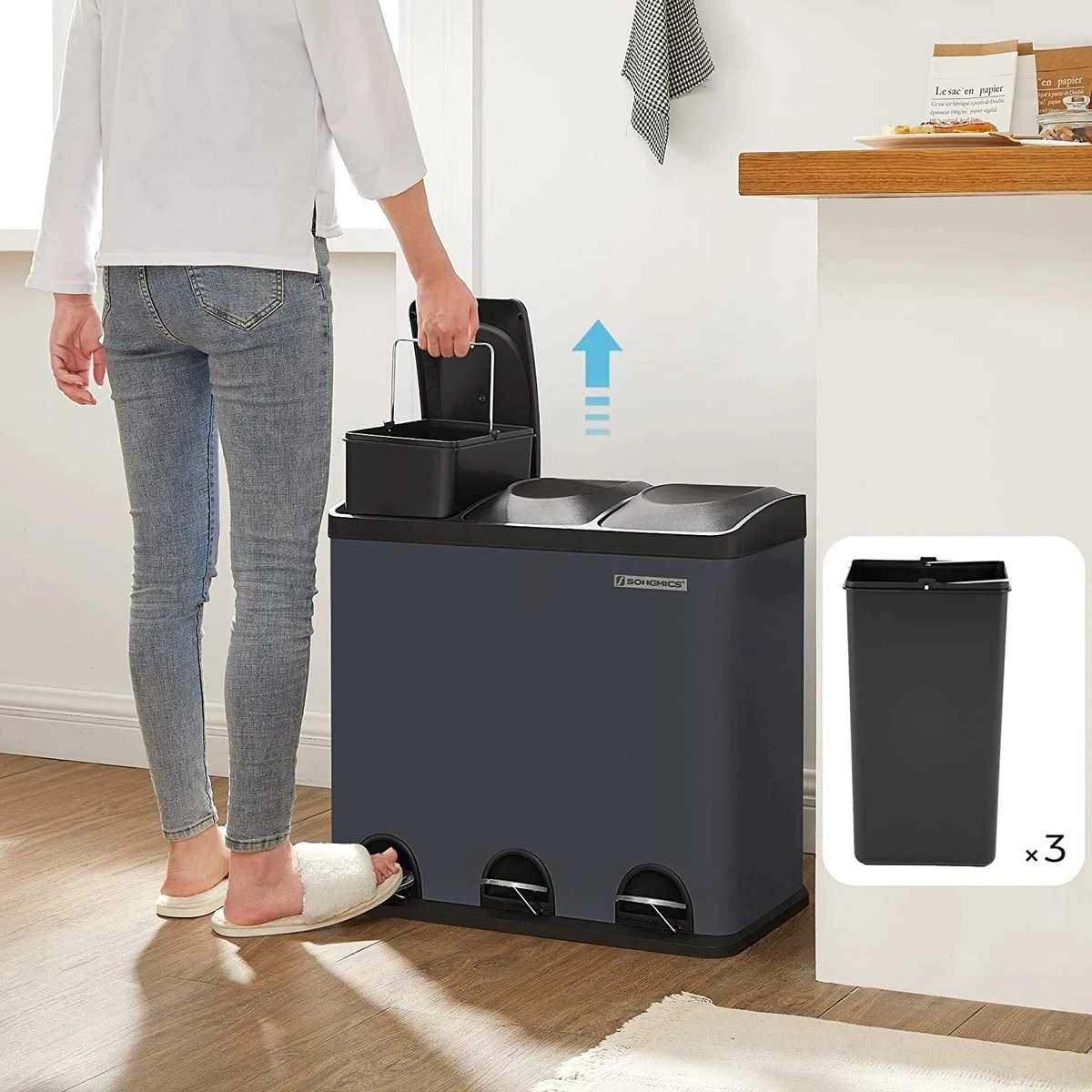 Songmics Poubelle Pour La Cuisine, 54 Litres, Poubelle, Poubelle à Pédale Avec 3 Compartiments, Bacs Intérieurs Et 6 Autocollants Pour Le Tri Des Déchets, Système De Tri Des Déchets, Gris-noir LTB54G 4 Songmics Poubelle Pour La Cuisine, 54 Litres, Poubelle, Poubelle à Pédale Avec 3 Compartiments, Bacs Intérieurs Et 6 Autocollants Pour Le Tri Des Déchets, Système De Tri Des Déchets, Gris-noir LTB54G – Image 4