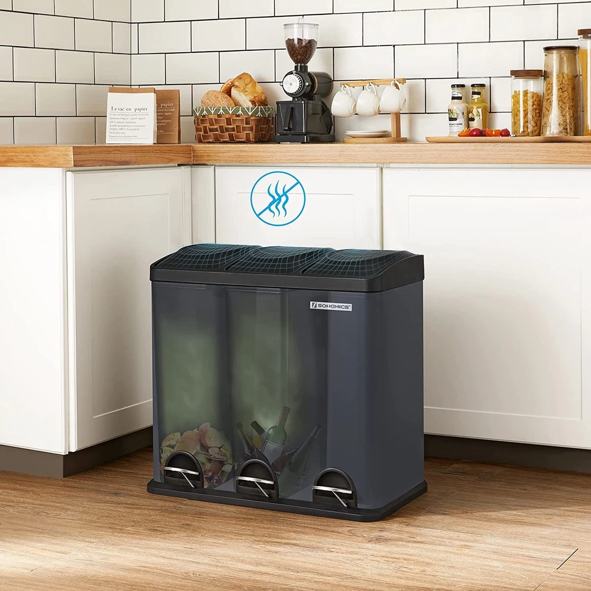 Songmics Poubelle Pour La Cuisine, 54 Litres, Poubelle, Poubelle à Pédale Avec 3 Compartiments, Bacs Intérieurs Et 6 Autocollants Pour Le Tri Des Déchets, Système De Tri Des Déchets, Gris-noir LTB54G 6 Songmics Poubelle Pour La Cuisine, 54 Litres, Poubelle, Poubelle à Pédale Avec 3 Compartiments, Bacs Intérieurs Et 6 Autocollants Pour Le Tri Des Déchets, Système De Tri Des Déchets, Gris-noir LTB54G – Image 6