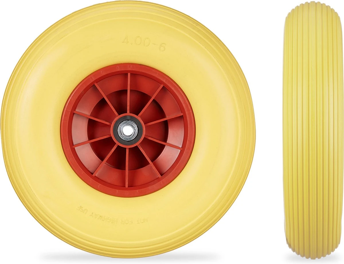 Relaxdays 4x Roue De Brouette 4.00-6 - Caoutchouc Plein - Roue De Secours Anti-crevaison - Adaptateurs - Jaune-rouge 4 Relaxdays 4x Roue De Brouette 4.00-6 - Caoutchouc Plein - Roue De Secours Anti-crevaison - Adaptateurs - Jaune-rouge – Image 4