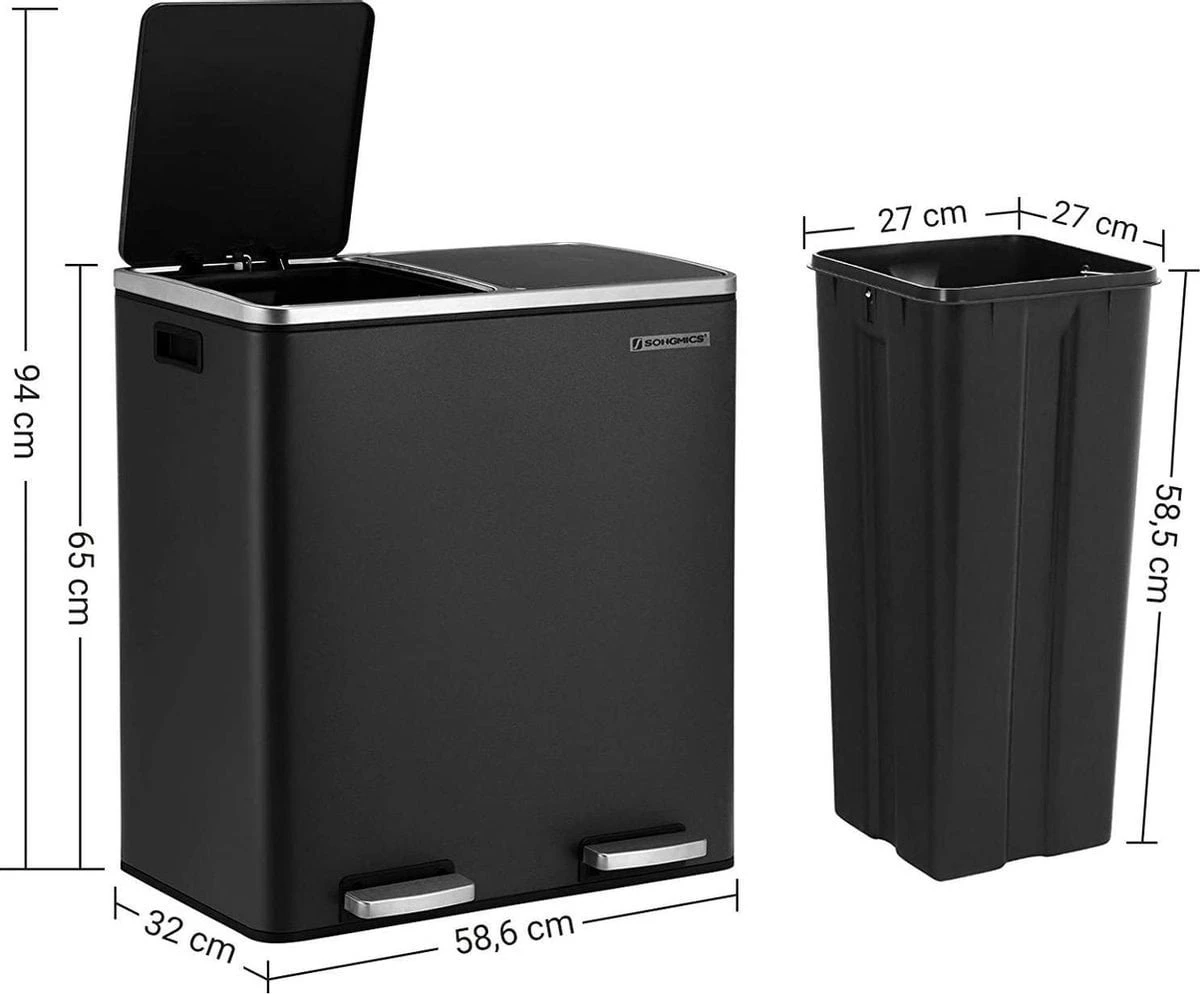 SONGMICS Poubelle Avec 2 Compartiments, 2 X 30 L, Poubelle, Poubelle à Pédale En Métal, Poubelle Intérieure En Plastique, Fermeture Amortie, Hermétique, Noir 7 SONGMICS Poubelle Avec 2 Compartiments, 2 X 30 L, Poubelle, Poubelle à Pédale En Métal, Poubelle Intérieure En Plastique, Fermeture Amortie, Hermétique, Noir – Image 7