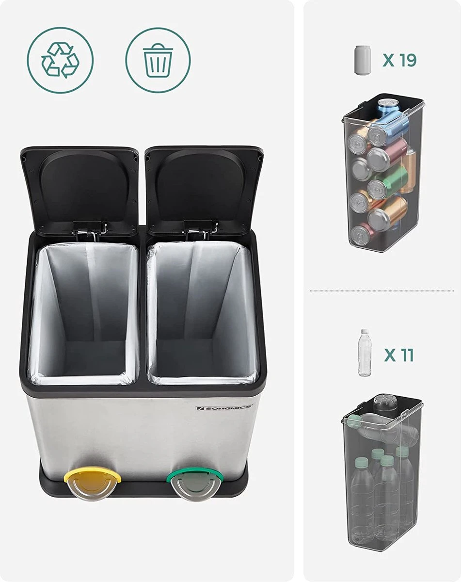 ZAZA Home & Office Poubelle 30 Litres, Tri Des Déchets, 2 X 15 Litres, Poubelle, Poubelle à Pédale Avec Poubelles Intérieures, Pédales Colorées, Système De Séparation Des Déchets Pour La Cuisine, Argent-noir 8 ZAZA Home & Office Poubelle 30 Litres, Tri Des Déchets, 2 X 15 Litres, Poubelle, Poubelle à Pédale Avec Poubelles Intérieures, Pédales Colorées, Système De Séparation Des Déchets Pour La Cuisine, Argent-noir – Image 8