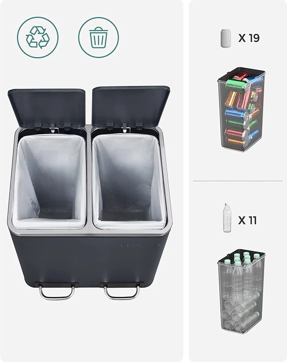 Songmics Poubelle De Cuisine, 2 X 15 L, Système De Tri Des Déchets, Poubelle En Métal, Poubelle à Pédale Avec Bacs Intérieurs Et Poignées, Tri Des Déchets, Fermeture Soft , Hermétique, Anthracite LTB30GS 2 Songmics Poubelle De Cuisine, 2 X 15 L, Système De Tri Des Déchets, Poubelle En Métal, Poubelle à Pédale Avec Bacs Intérieurs Et Poignées, Tri Des Déchets, Fermeture Soft , Hermétique, Anthracite LTB30GS – Image 2